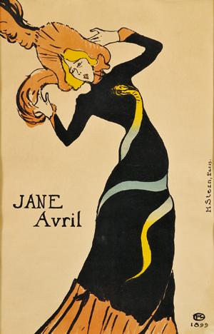 Henri de Toulouse-Lautrec (French, 1864-1901) Jane Avril, 1899, color lithographic poster on paper. Est. $50,000-$70,000. Image courtesy LiveAuctioneers.com and Skinner Inc.
