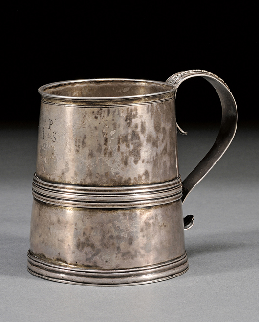 Silver Mug, Edward Winslow (1669-1753), Boston, early 18th century. Estimate: $8,000-$12,000. Image courtesy of Skinner Inc.