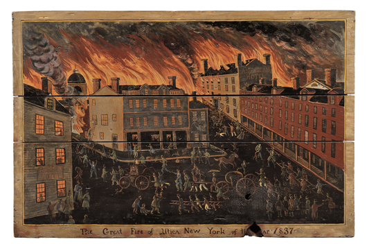 American School, 19th century, 'The Great Fire of Utica New York of the Year 1837.' Unsigned, titled below. Oil on three joined wood panels, 38 1/2 x 58 1/2 in. Estimate $40,000-$60,000. Image courtesy of Skinner Inc.