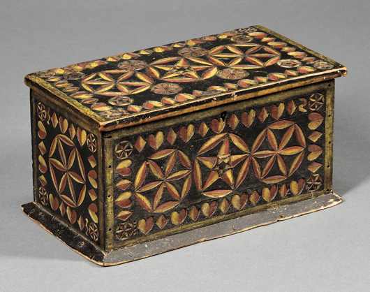 Carved and painted wood box, probably New England, 1862. Estimate $4,000-$6,000. Image courtesy of Skinner Inc.