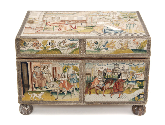 Charles II stumpwork and needlework casket, sold for $85,400. Image courtesy Leslie Hindman Auctioneers.
