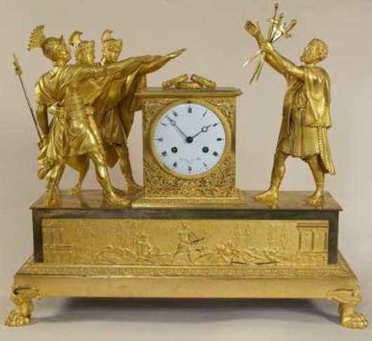 French Empire ormolu mantel clock ‘The Oath of Horati’, c 1805, £22,500 from Richard Price & Associates 