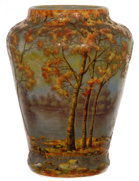 Signed Daum Nancy French cameo art glass vase with outstanding fall season decor, 9 3/4 inches tall. Price realized $18,000. Woody Auction image.