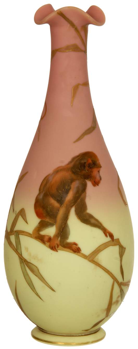 Mount Washington decorated Burmese ‘Monkeyvase' with monkey and ape decor, bamboo background. Price realized: $18,000. Woody Auction image.