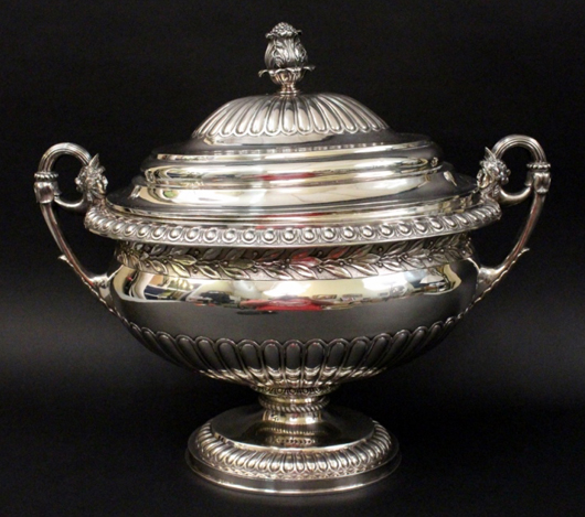 George III sterling silver lidded tureen made circa 1809 by Rebecca Eames and Edward Barnard I of London. Price realized: $9,000. Ahlers & Ogletree image.