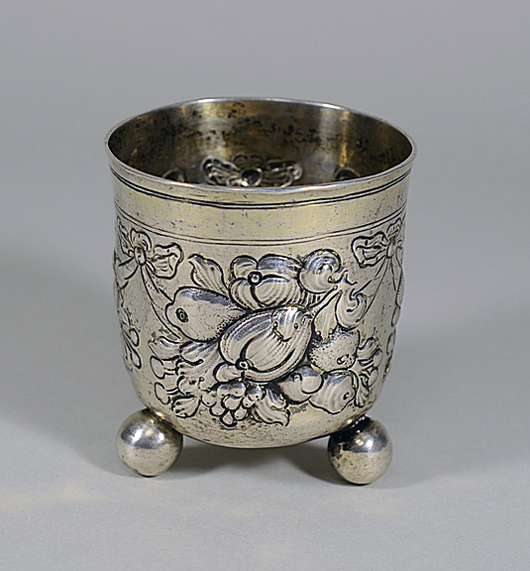Lot 63 - 17th century German silver cup, Nuremburg, for the Ferrn family, circa 1650-1675. Start: $550 - estimate: $800. Mumbling Muse image.
