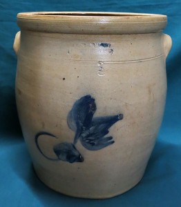 Three-gallon crock, E.L. Farrar, Iberville Quebec, with blue flower decoration. Spooner Auctions & Appraisers image