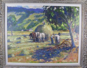 John Douglas Lawley, Canadian (1906-1971), ‘Gathering Hay,’ oil on canvas, 24in x 30in. Spooner Auctions & Appraisers image