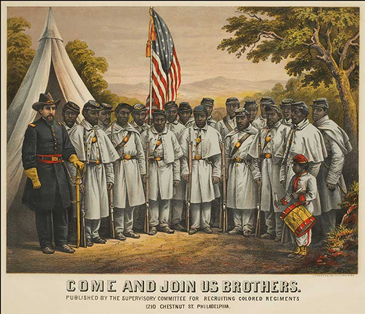 'United States Solders at Camp William Penn,' 1863, Supervisory Committee for Recruiting Colored Regiments. Chromolithographic print. From the exhibition 'African American Treasures from The Kinsey Collection,' opening March 21, 2015 at the Mitchell Memorial Library, Mississippi State University. Image courtesy of the Mitchell Memorial Library
