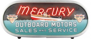 Mercury Outboard Motors neon sign with reverse glass front, one of over 25 boat signs being sold. Showtime Auction Services image