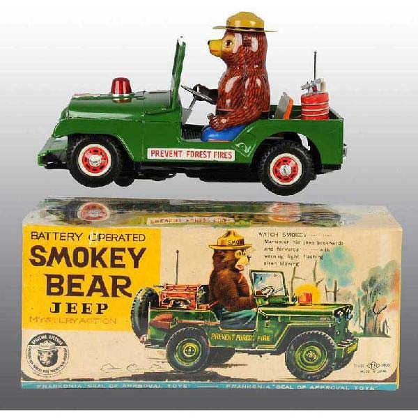 A rare Smokey Bear Jeep battery-operated toy, made in Japan, earned $1,400 plus buyer’s premium in July 2010 at Dan Morphy Auctions. Photo courtesy of Dan Morphy Auctions and LiveAuctioneers.