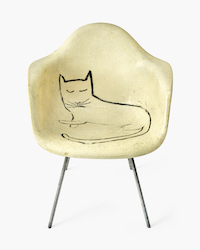 Fiberglass armchair with Steinberg cat. Image courtesy of the Eames Institute of Infinite Curiosity, photo credit Vitra, Tom Ziora