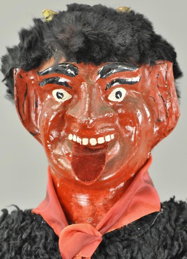 Detail of an undated German Krampus figure with a fearsome devilish face, which sold for $1,700 plus the buyer’s premium in November 2017. Image courtesy of Bertoia Auctions and LiveAuctioneers.